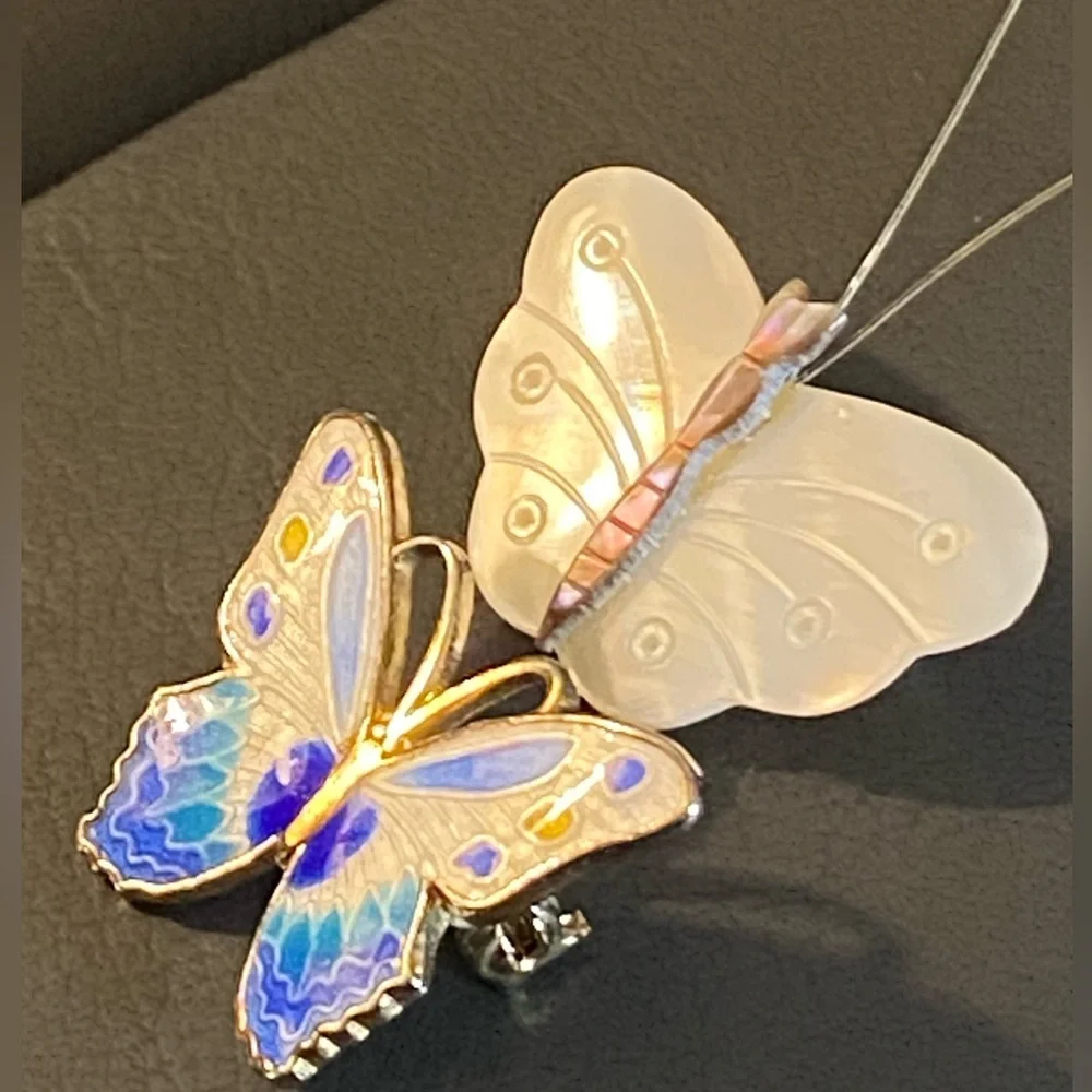 Vintage Set of 2 Butterfly Brooch Gold Metal & Enameled Mother-Of-Pearl
